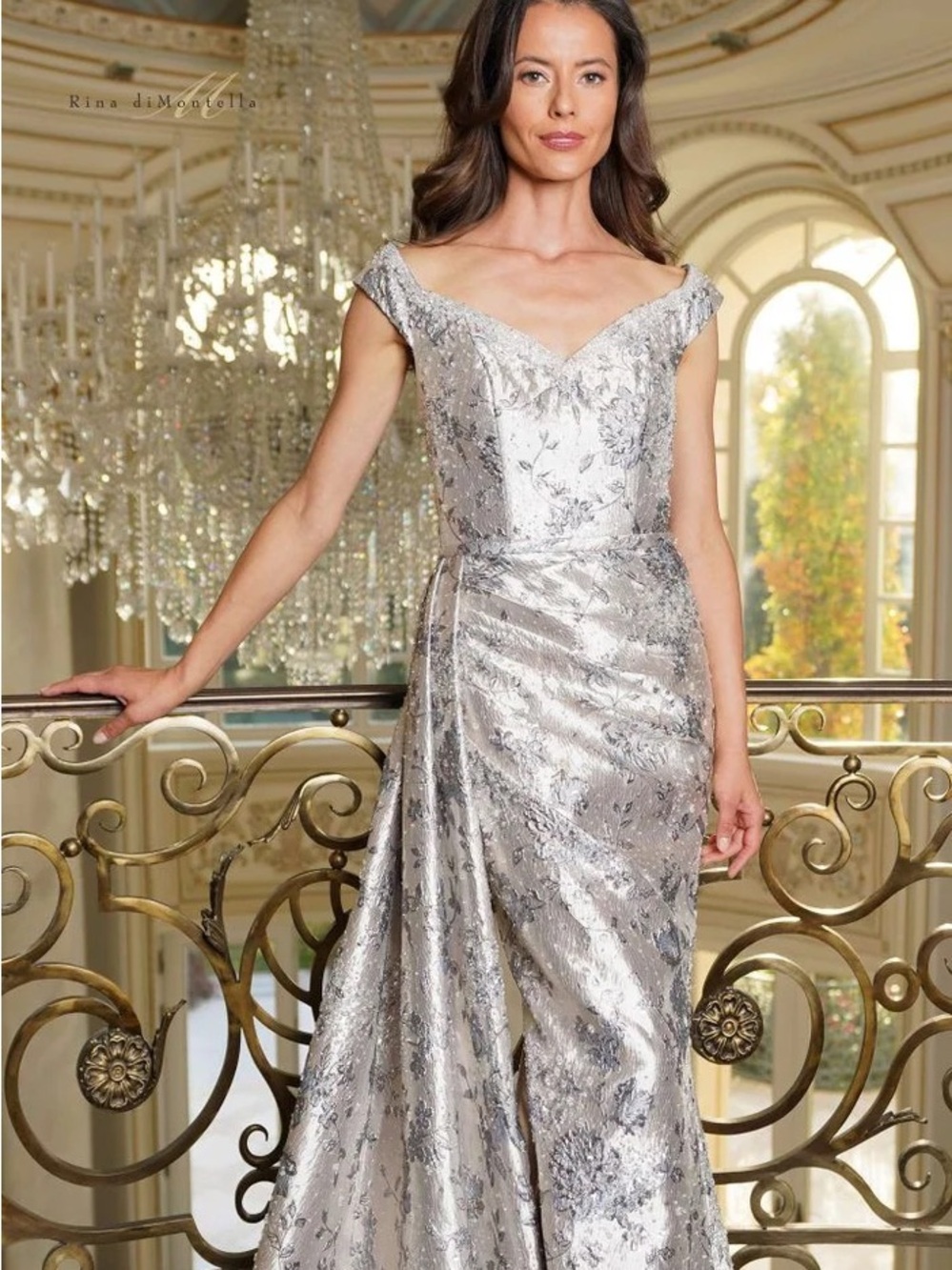 Rina diMontella Silver Metallic Off-Shoulder Wedding Dress mother of the bride - Picture 4 of 11